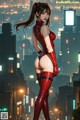 A woman in a red latex outfit standing in the middle of a city.